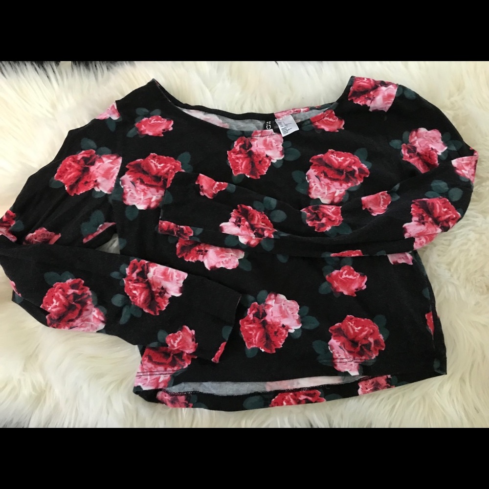 Rose pattern long sleeve cropped top